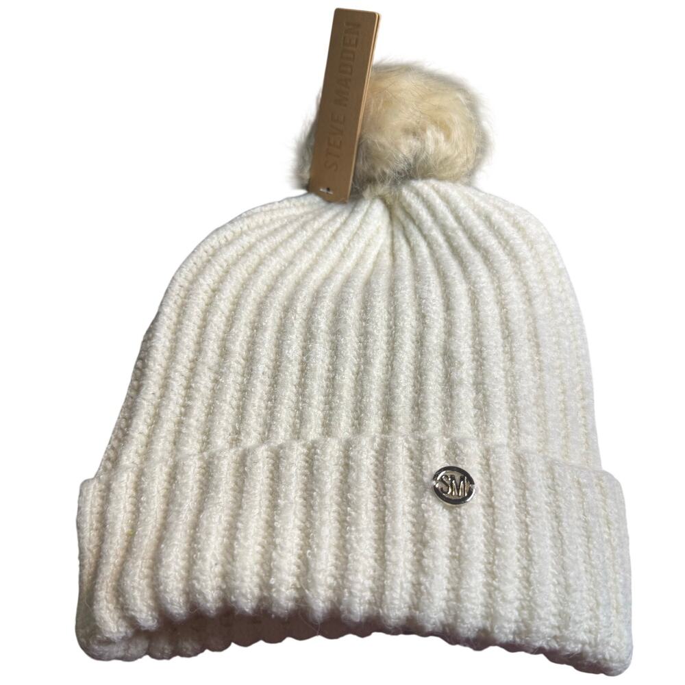 Steve Madden Ivory Ribbed Knit Pom Pom Beanie Hat, Winter, Cold Weather, NWT